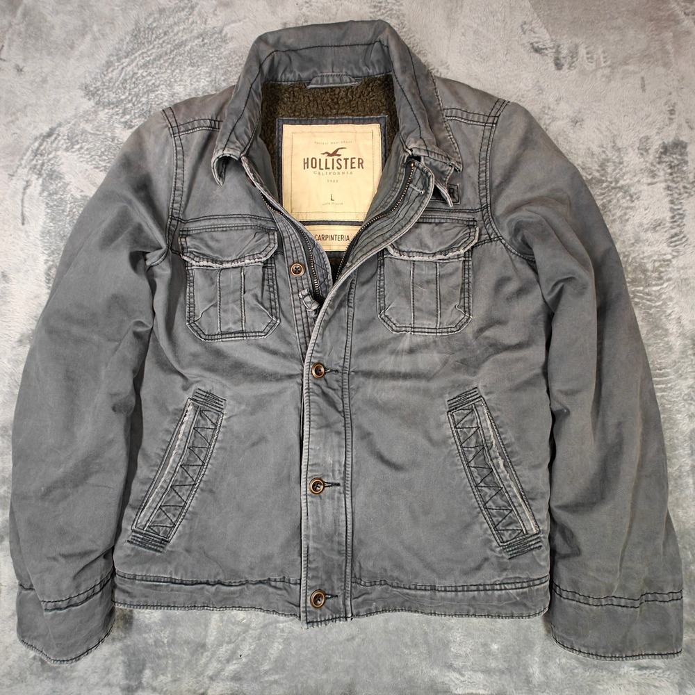Vintage Hollister Carpinteria Deck Jacket Mens Large Grey Sherpa Lined Wolf Jaw